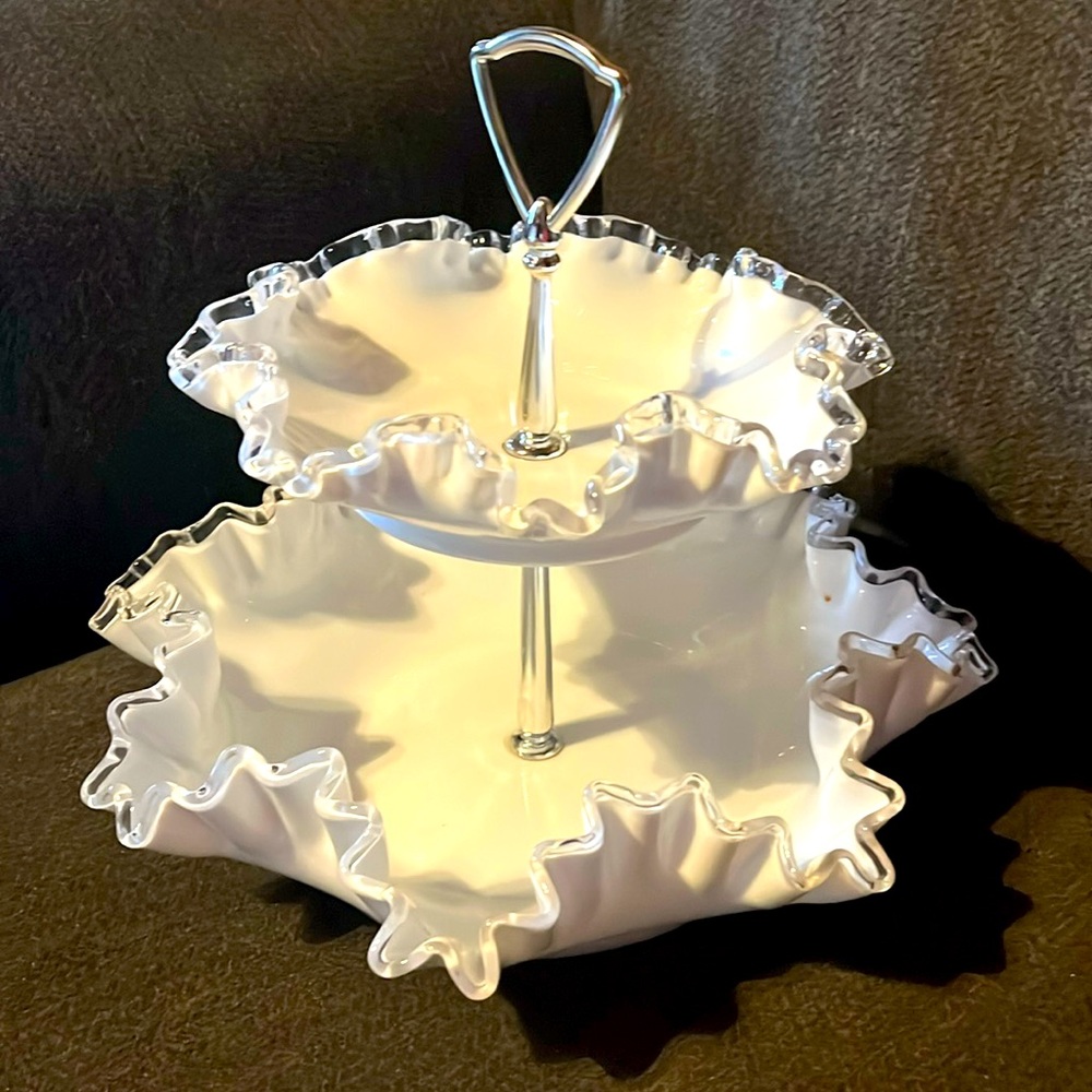 Fenton White Two-Tier Ruffled Stand Silver Crest